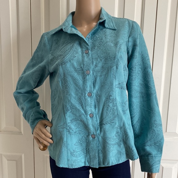 Lemon Grass Womens S Blue/Green Embossed Button Up Front Long Sleeve Shirt. - Picture 2 of 11